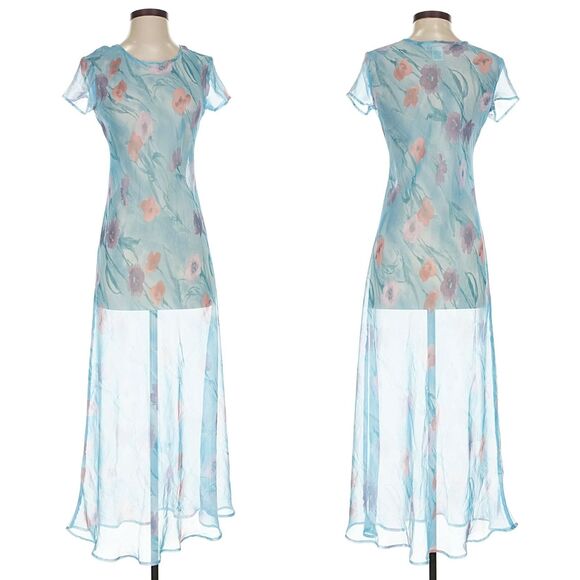 Vintage Y2K Express Blue Maxi Dress Semi Sheer Overlay Floral Fairycore Size 3-4 - Picture 11 of 11